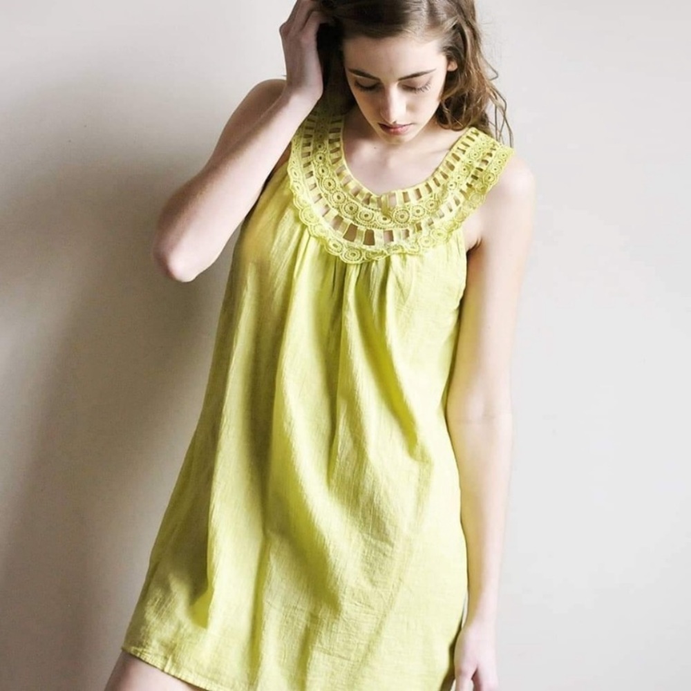 ❗️NEW❗️Cotton Lime Crochet Yoke Dress S  M  L